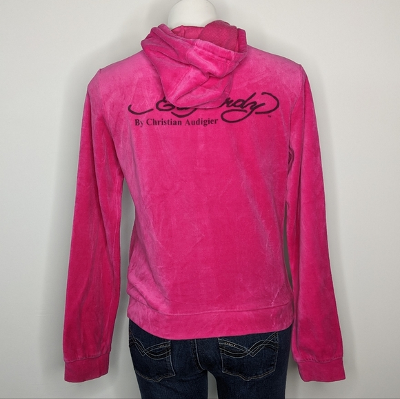 Ed Hardy Y2K pink velvet rhinestone heart wings flowers zip up hoodie L - Picture 8 of 11